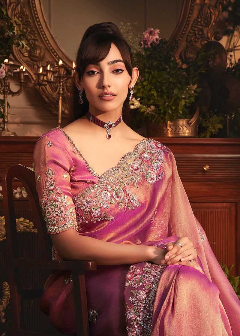 Monjolika Fashion Designer Pink Tissue Organza Saree With All Over Butta Work & Heavy Stone Embellished Border - Distacart
