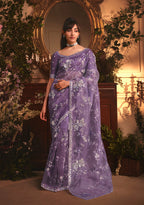 Monjolika Fashion Designer Purple Tissue Organza Saree With All Over Butta Work & Heavy Stone Embellished Border - Distacart