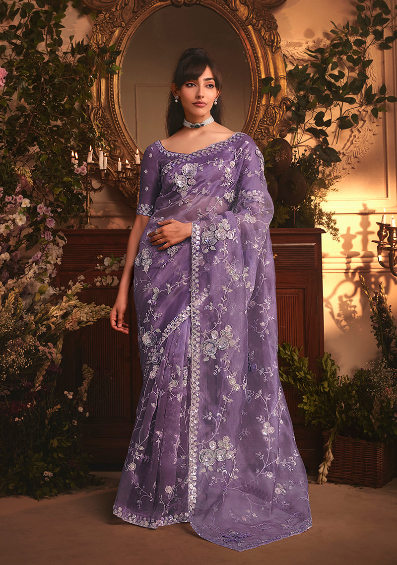 Monjolika Fashion Designer Purple Tissue Organza Saree With All Over Butta Work & Heavy Stone Embellished Border - Distacart