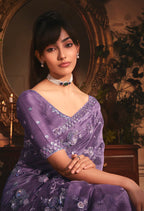 Monjolika Fashion Designer Purple Tissue Organza Saree With All Over Butta Work & Heavy Stone Embellished Border - Distacart