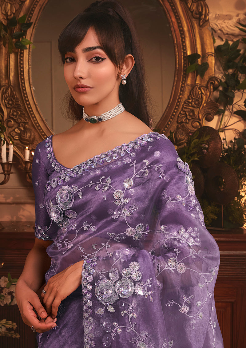 Monjolika Fashion Designer Purple Tissue Organza Saree With All Over Butta Work & Heavy Stone Embellished Border - Distacart