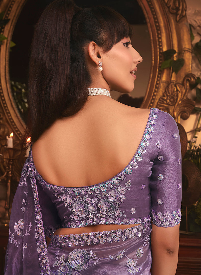 Monjolika Fashion Designer Purple Tissue Organza Saree With All Over Butta Work & Heavy Stone Embellished Border - Distacart