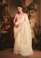Monjolika Fashion Designer Cream Tissue Organza Saree With All Over Butta Work & Heavy Stone Embellished Border - Distacart