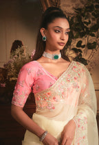 Monjolika Fashion Designer Cream Tissue Organza Saree With All Over Butta Work & Heavy Stone Embellished Border - Distacart