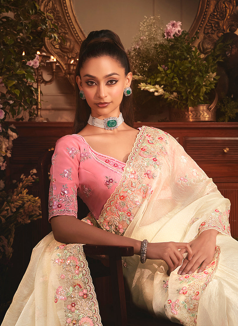 Monjolika Fashion Designer Cream Tissue Organza Saree With All Over Butta Work & Heavy Stone Embellished Border - Distacart