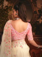Monjolika Fashion Designer Cream Tissue Organza Saree With All Over Butta Work & Heavy Stone Embellished Border - Distacart