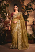 Monjolika Fashion Designer Golden Tissue Organza Saree With All Over Butta Work & Heavy Stone Embellished Border - Distacart