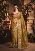 Monjolika Fashion Designer Golden Tissue Organza Saree With All Over Butta Work & Heavy Stone Embellished Border - Distacart