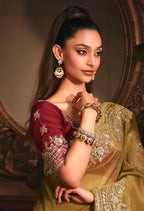 Monjolika Fashion Designer Golden Tissue Organza Saree With All Over Butta Work & Heavy Stone Embellished Border - Distacart