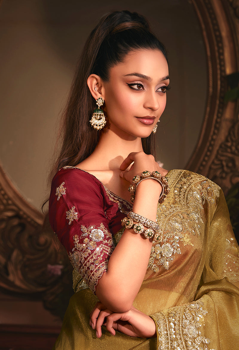 Monjolika Fashion Designer Golden Tissue Organza Saree With All Over Butta Work & Heavy Stone Embellished Border - Distacart