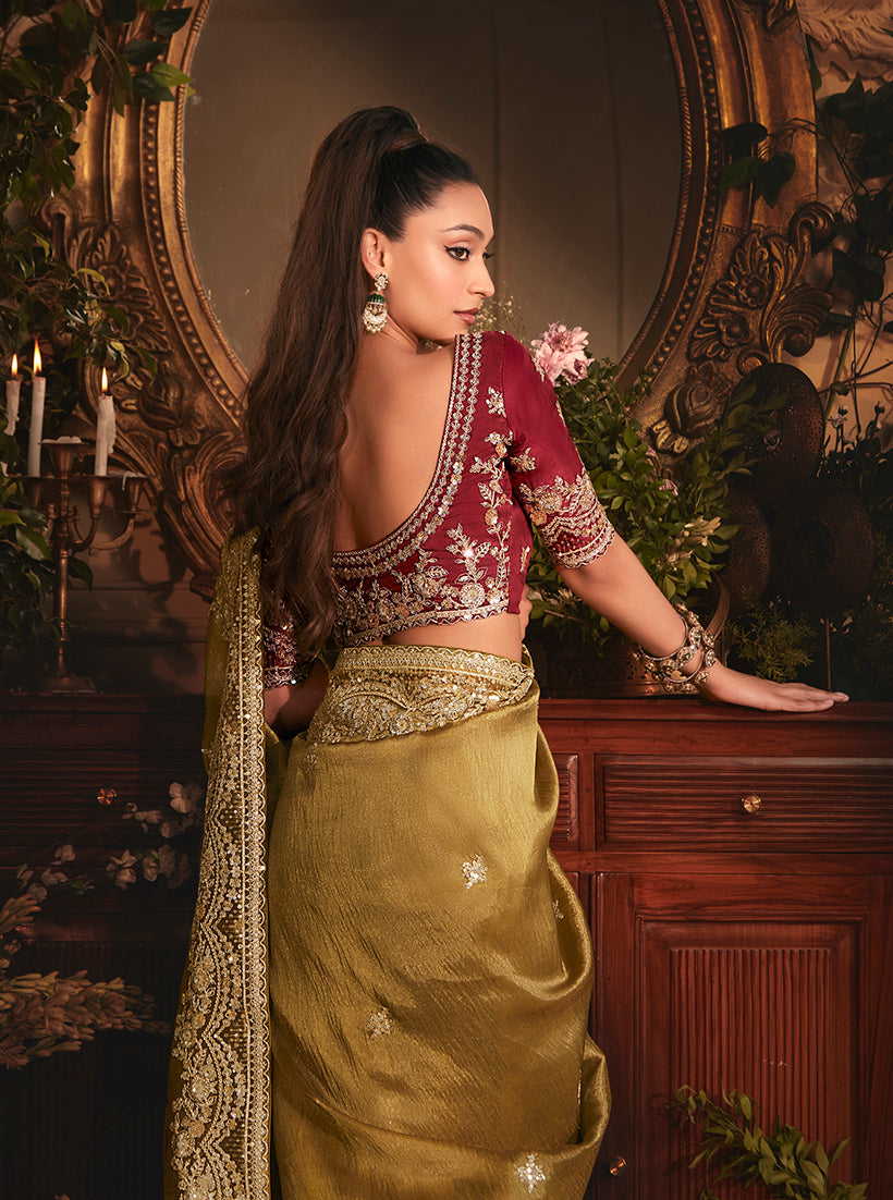 Monjolika Fashion Designer Golden Tissue Organza Saree With All Over Butta Work & Heavy Stone Embellished Border - Distacart