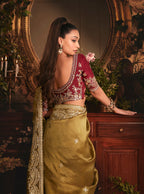 Monjolika Fashion Designer Golden Tissue Organza Saree With All Over Butta Work & Heavy Stone Embellished Border - Distacart