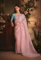 Monjolika Fashion Designer Light Pink Tissue Organza Saree With All Over Butta Work & Heavy Stone Embellished Border - Distacart