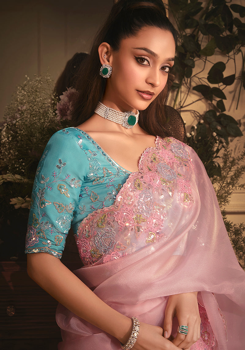 Monjolika Fashion Designer Light Pink Tissue Organza Saree With All Over Butta Work & Heavy Stone Embellished Border - Distacart