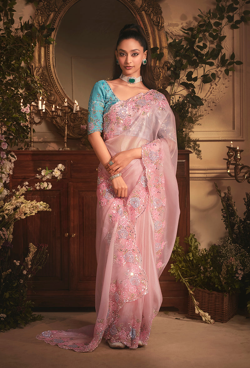 Monjolika Fashion Designer Light Pink Tissue Organza Saree With All Over Butta Work & Heavy Stone Embellished Border - Distacart