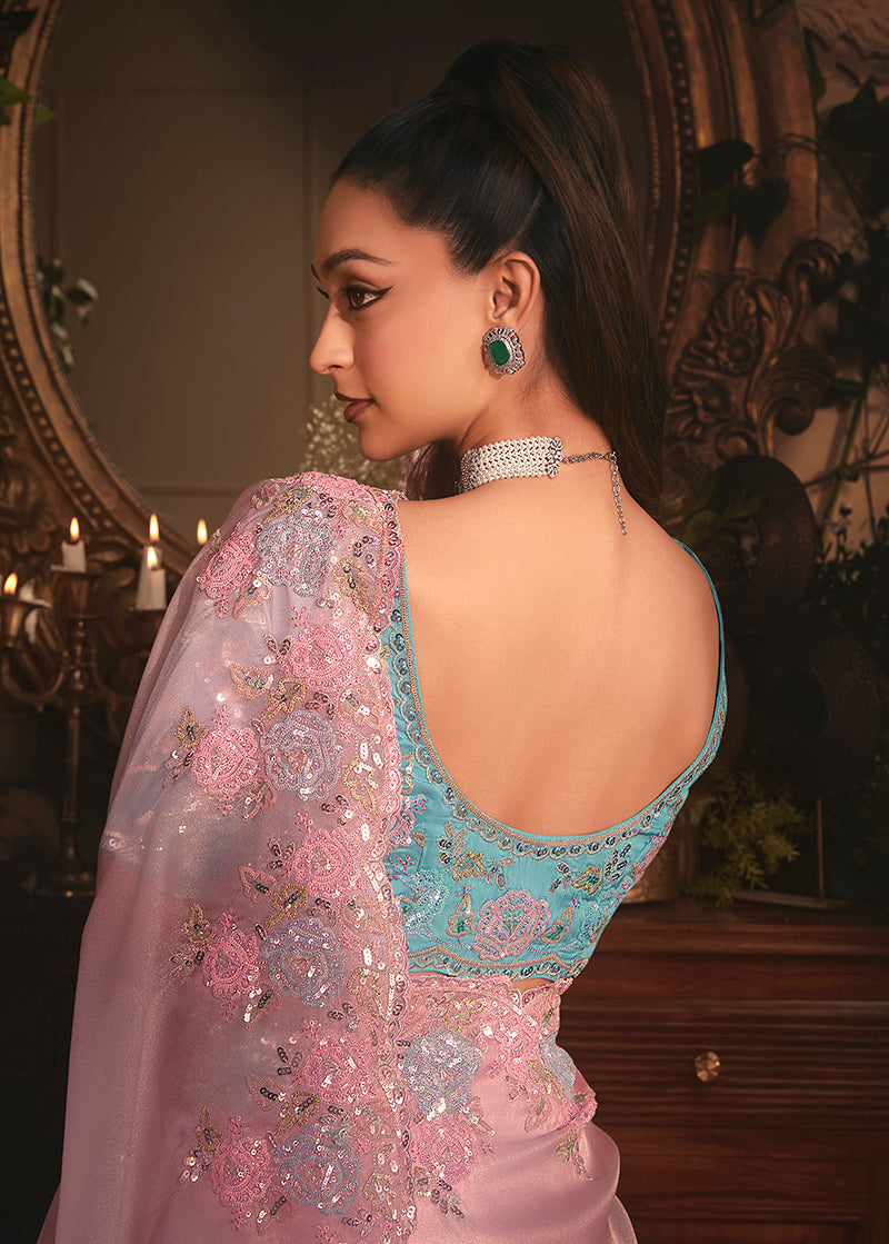 Monjolika Fashion Designer Light Pink Tissue Organza Saree With All Over Butta Work & Heavy Stone Embellished Border - Distacart