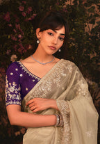 Monjolika Fashion Designer Beige Tissue Organza Saree With All Over Butta Work & Heavy Stone Embellished Border - Distacart