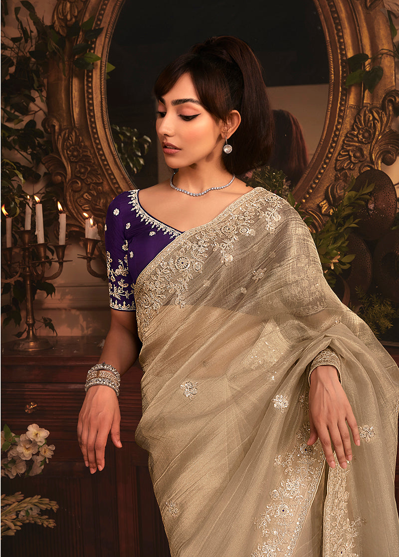 Monjolika Fashion Designer Beige Tissue Organza Saree With All Over Butta Work & Heavy Stone Embellished Border - Distacart