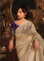 Monjolika Fashion Designer Beige Tissue Organza Saree With All Over Butta Work & Heavy Stone Embellished Border - Distacart
