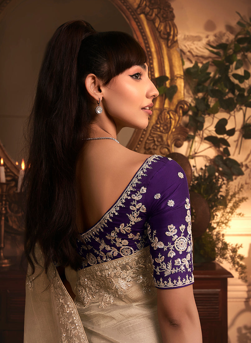 Monjolika Fashion Designer Beige Tissue Organza Saree With All Over Butta Work & Heavy Stone Embellished Border - Distacart