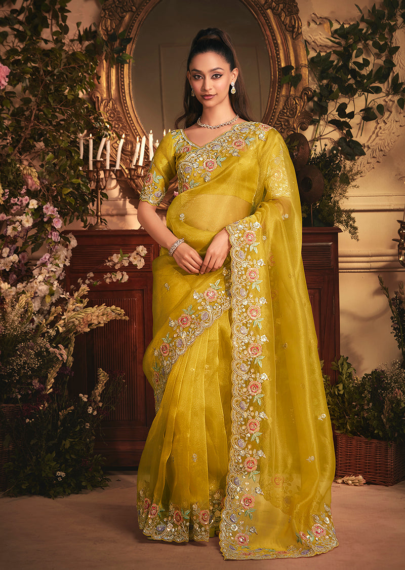 Monjolika Fashion Designer Mustard Tissue Organza Saree With All Over Butta Work & Heavy Stone Embellished Border - Distacart