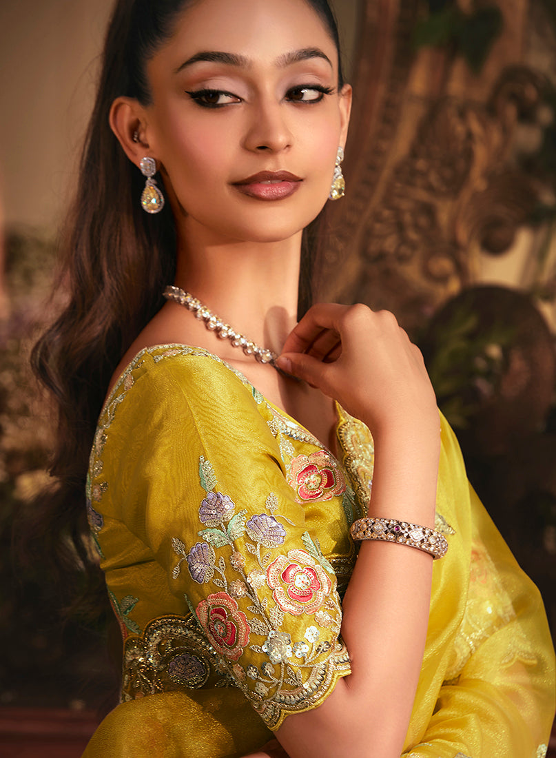 Monjolika Fashion Designer Mustard Tissue Organza Saree With All Over Butta Work & Heavy Stone Embellished Border - Distacart