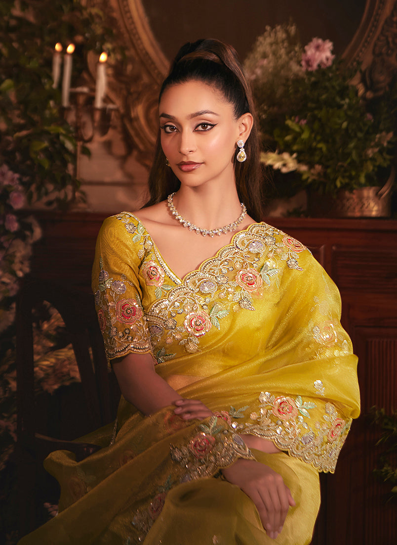 Monjolika Fashion Designer Mustard Tissue Organza Saree With All Over Butta Work & Heavy Stone Embellished Border - Distacart