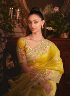 Monjolika Fashion Designer Mustard Tissue Organza Saree With All Over Butta Work & Heavy Stone Embellished Border - Distacart