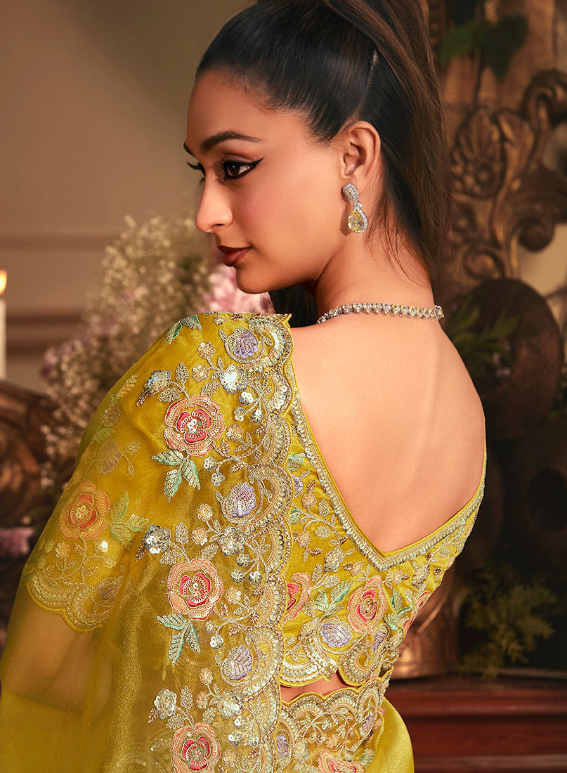 Monjolika Fashion Designer Mustard Tissue Organza Saree With All Over Butta Work & Heavy Stone Embellished Border - Distacart