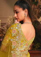 Monjolika Fashion Designer Mustard Tissue Organza Saree With All Over Butta Work & Heavy Stone Embellished Border - Distacart