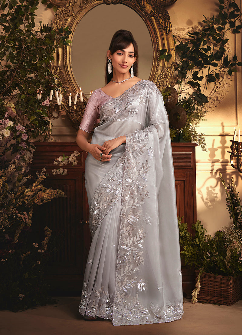 Monjolika Fashion Designer Light Grey Tissue Organza Saree With All Over Butta Work & Heavy Stone Embellished Border - Distacart
