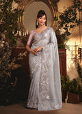 Monjolika Fashion Designer Light Grey Tissue Organza Saree With All Over Butta Work & Heavy Stone Embellished Border - Distacart