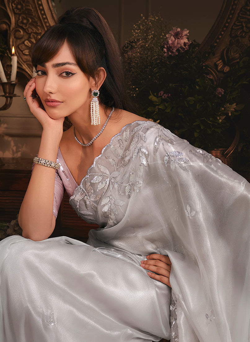 Monjolika Fashion Designer Light Grey Tissue Organza Saree With All Over Butta Work & Heavy Stone Embellished Border - Distacart