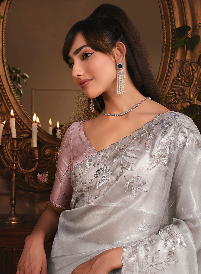 Monjolika Fashion Designer Light Grey Tissue Organza Saree With All Over Butta Work & Heavy Stone Embellished Border - Distacart
