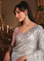 Monjolika Fashion Designer Light Grey Tissue Organza Saree With All Over Butta Work & Heavy Stone Embellished Border - Distacart