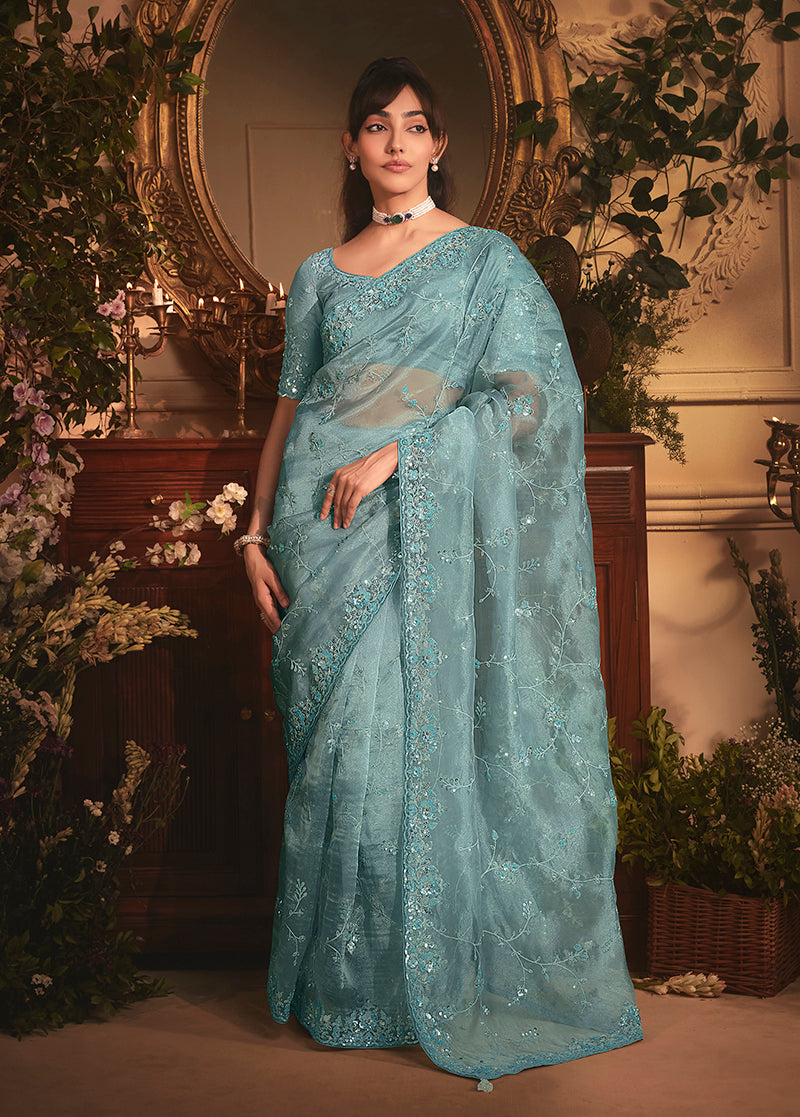 Monjolika Fashion Designer Aqua Blue Tissue Organza Saree With All Over Butta Work & Heavy Stone Embellished Border - Distacart