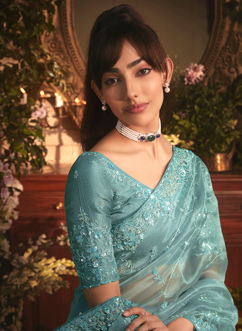 Monjolika Fashion Designer Aqua Blue Tissue Organza Saree With All Over Butta Work & Heavy Stone Embellished Border - Distacart