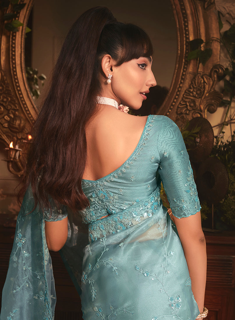 Monjolika Fashion Designer Aqua Blue Tissue Organza Saree With All Over Butta Work & Heavy Stone Embellished Border - Distacart