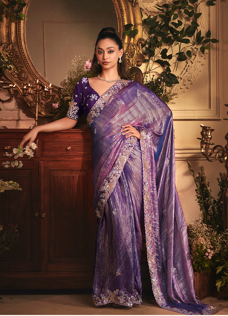 Monjolika Fashion Designer Purple Tissue Organza Saree With All Over Butta Work & Heavy Stone Embellished Border - Distacart