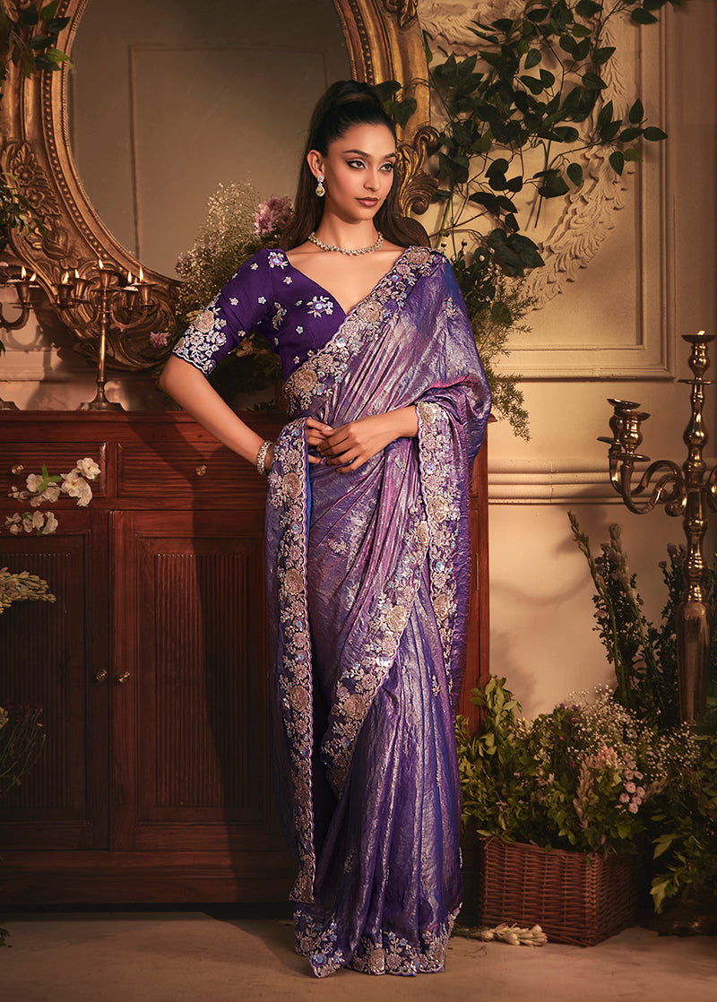 Monjolika Fashion Designer Purple Tissue Organza Saree With All Over Butta Work & Heavy Stone Embellished Border - Distacart