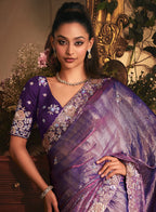 Monjolika Fashion Designer Purple Tissue Organza Saree With All Over Butta Work & Heavy Stone Embellished Border - Distacart