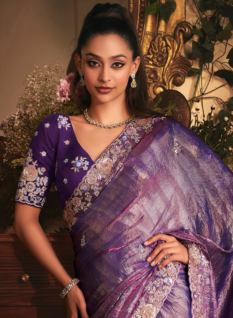 Monjolika Fashion Designer Purple Tissue Organza Saree With All Over Butta Work & Heavy Stone Embellished Border - Distacart