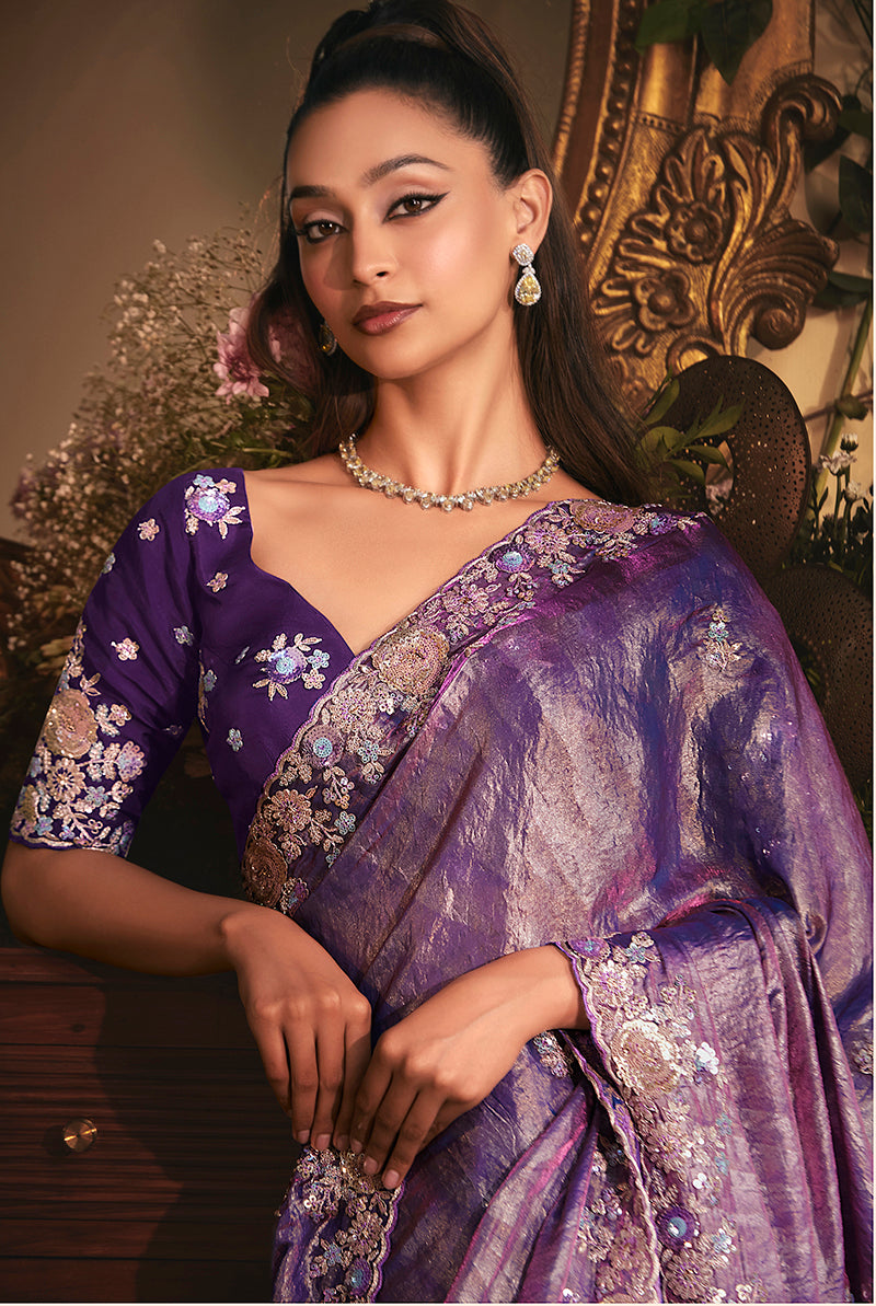 Monjolika Fashion Designer Purple Tissue Organza Saree With All Over Butta Work & Heavy Stone Embellished Border - Distacart