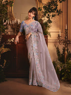Monjolika Fashion Designer Light Lilac Tissue Organza Saree With All Over Butta Work & Heavy Stone Embellished Border - Distacart