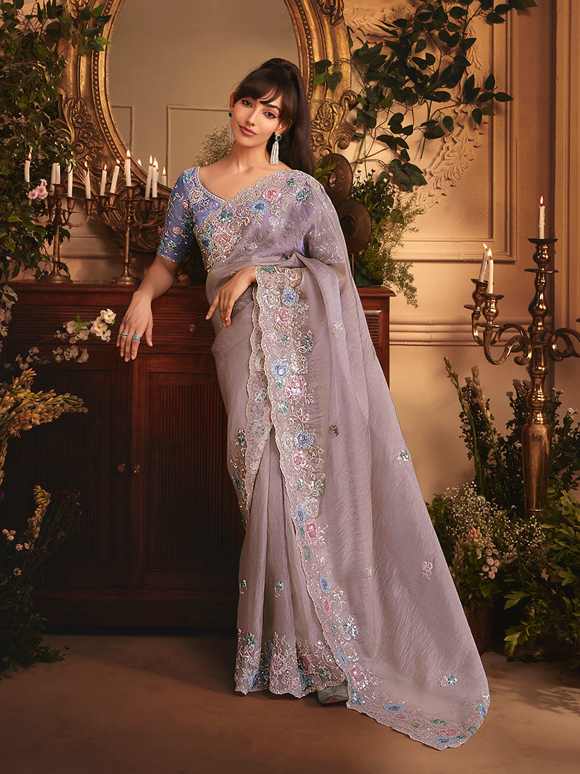 Monjolika Fashion Designer Light Lilac Tissue Organza Saree With All Over Butta Work & Heavy Stone Embellished Border - Distacart