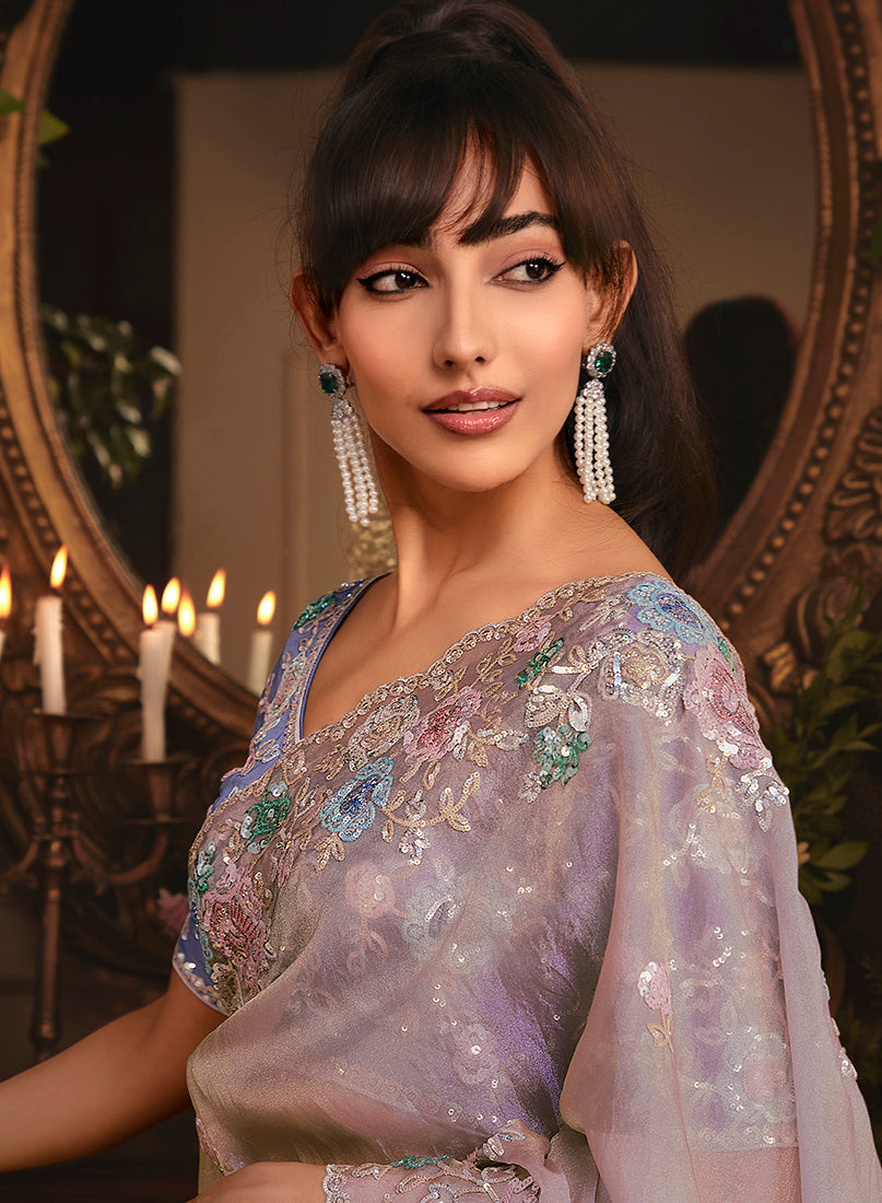 Monjolika Fashion Designer Light Lilac Tissue Organza Saree With All Over Butta Work & Heavy Stone Embellished Border - Distacart