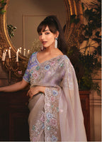 Monjolika Fashion Designer Light Lilac Tissue Organza Saree With All Over Butta Work & Heavy Stone Embellished Border - Distacart