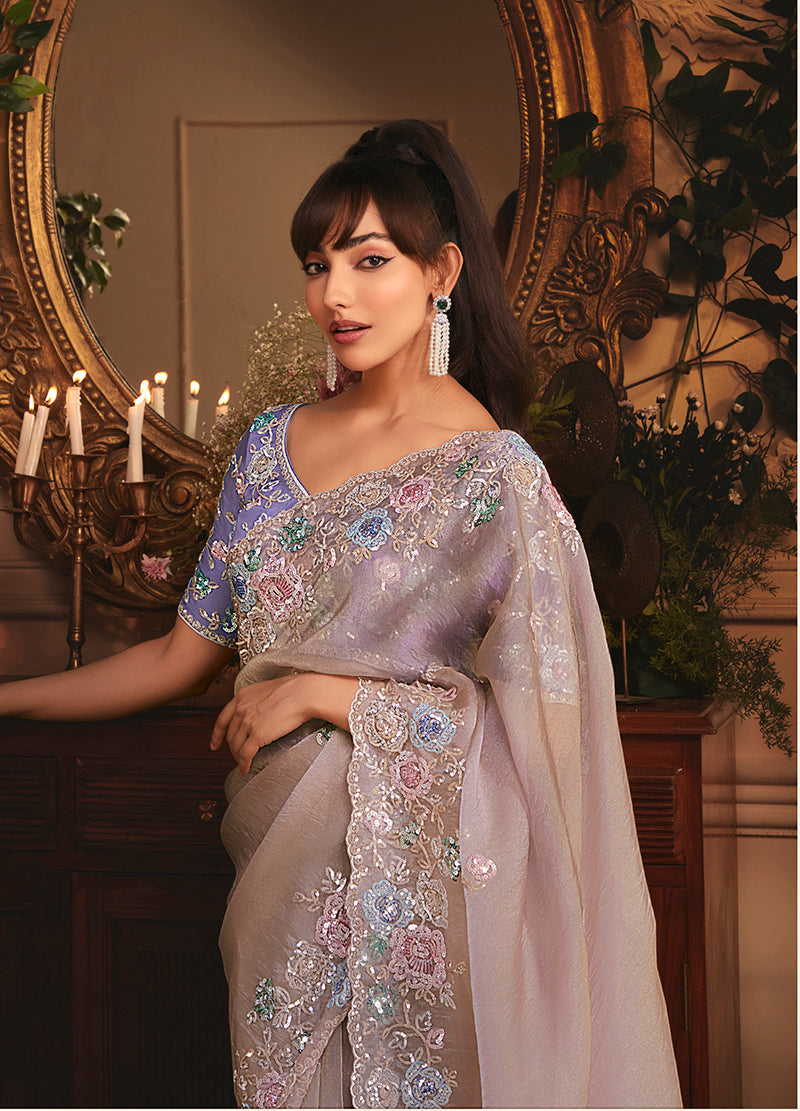 Monjolika Fashion Designer Light Lilac Tissue Organza Saree With All Over Butta Work & Heavy Stone Embellished Border - Distacart