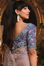 Monjolika Fashion Designer Light Lilac Tissue Organza Saree With All Over Butta Work & Heavy Stone Embellished Border - Distacart