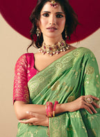 Monjolika Fashion Viscose Silk Green Saree With Rich Zari Weaving & Designer Tassels - Distacart